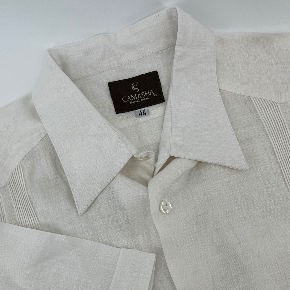 Camasha Guayabera Shirt Mens 44 White Cream Linen Short Sleeve Pintuck Pocket
